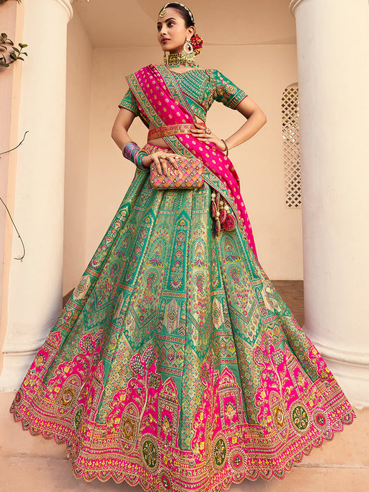 Banarasi Silk  Bridal Lehenga with Embroidered Work in Green and Pink Color -41084