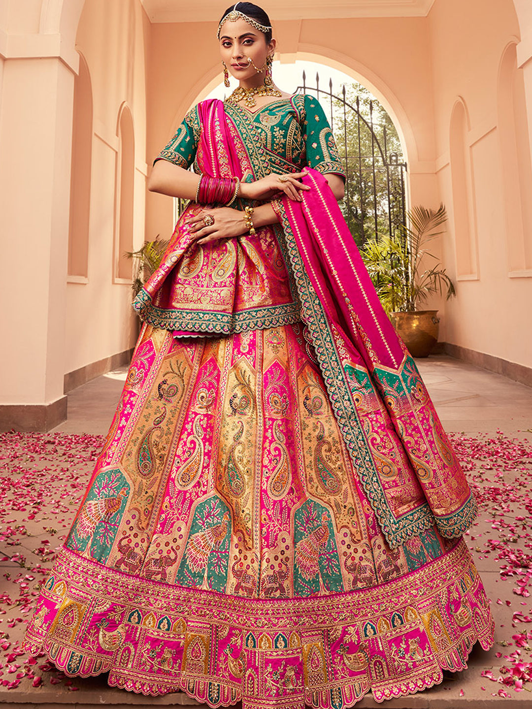 Banarasi Silk  Bridal Lehenga with Embroidered Work in Green and Pink Color -41085