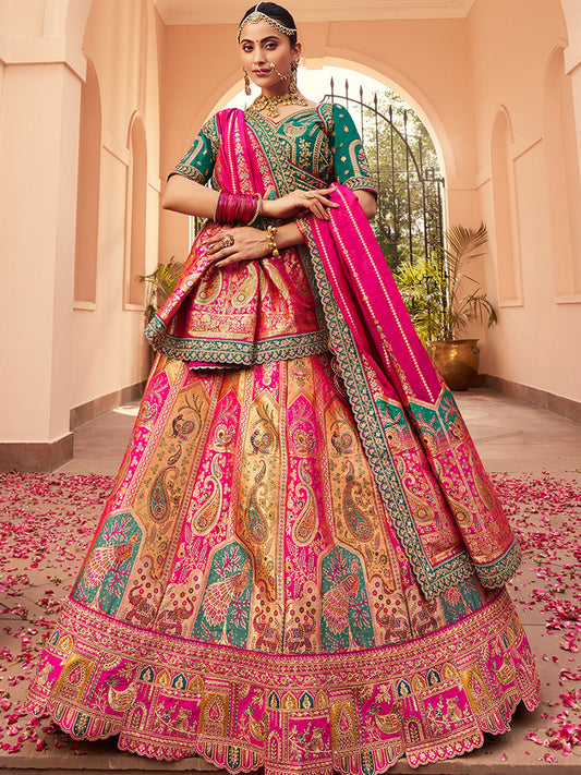 Banarasi Silk  Bridal Lehenga with Embroidered Work in Green and Pink Color -41085