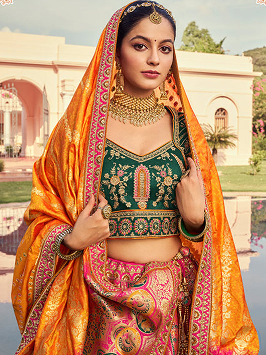 Banarasi Silk  Bridal Lehenga with Embroidered Work in Yellow and Pink Color -41086