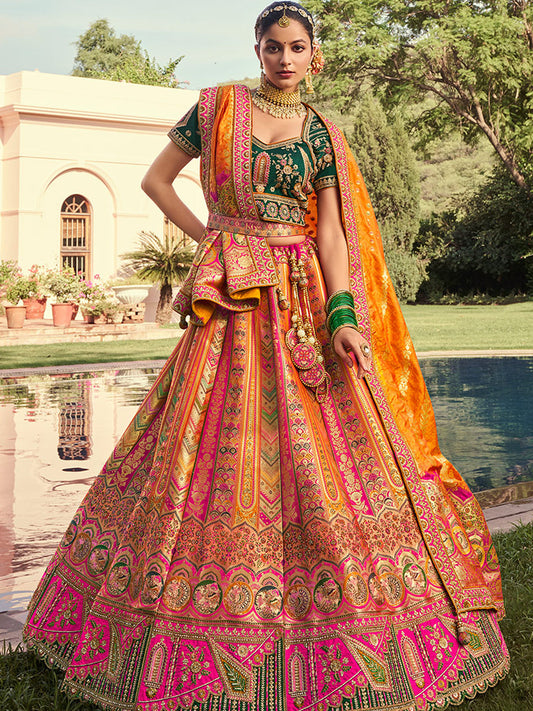 Banarasi Silk  Bridal Lehenga with Embroidered Work in Yellow and Pink Color -41086