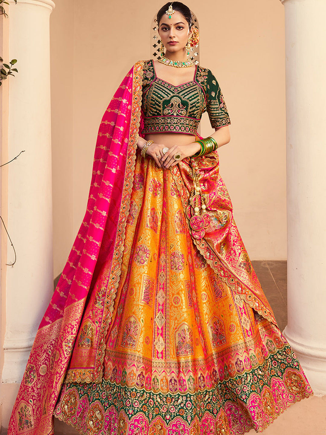 Banarasi Silk  Bridal Lehenga with Embroidered Work in Pink Color -41088