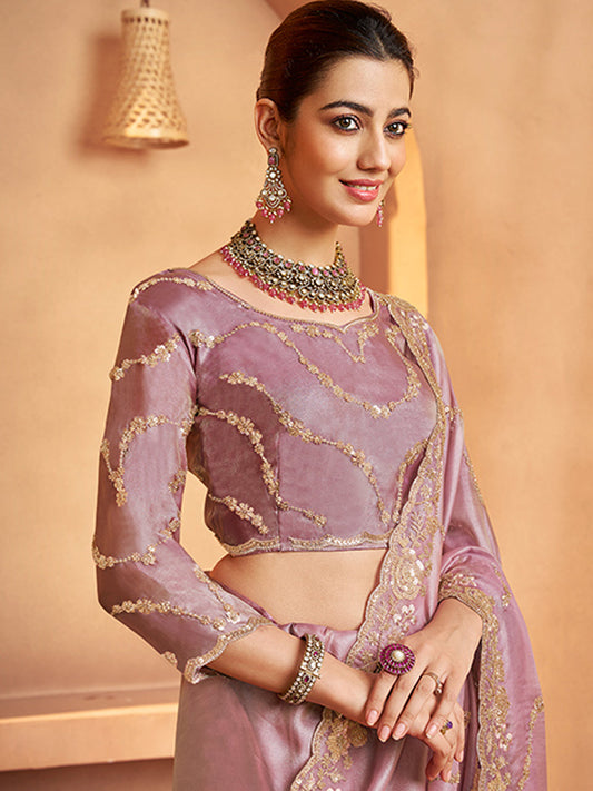 Tissue with Beads Work wedding Saree in Pink color-41028