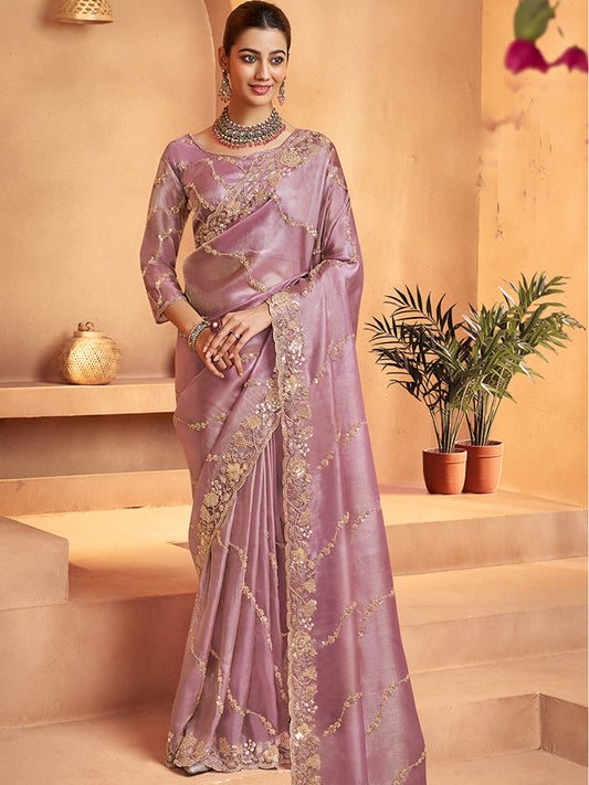 Tissue with Beads Work wedding Saree in Pink color-41028