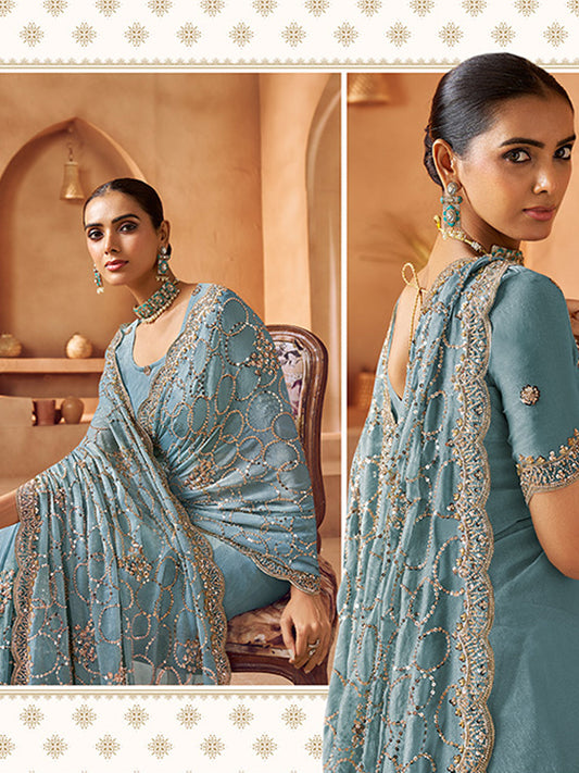 Tissue with Beads Work wedding Saree in Blue color-41026