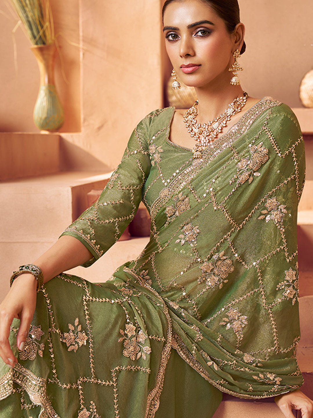 Tissue with Beads Work wedding Saree in Green color-41030