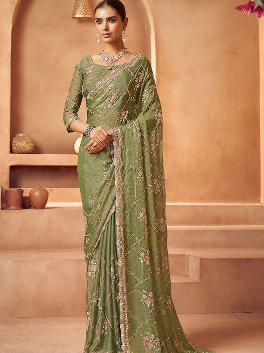 Tissue with Beads Work wedding Saree in Green color-41030