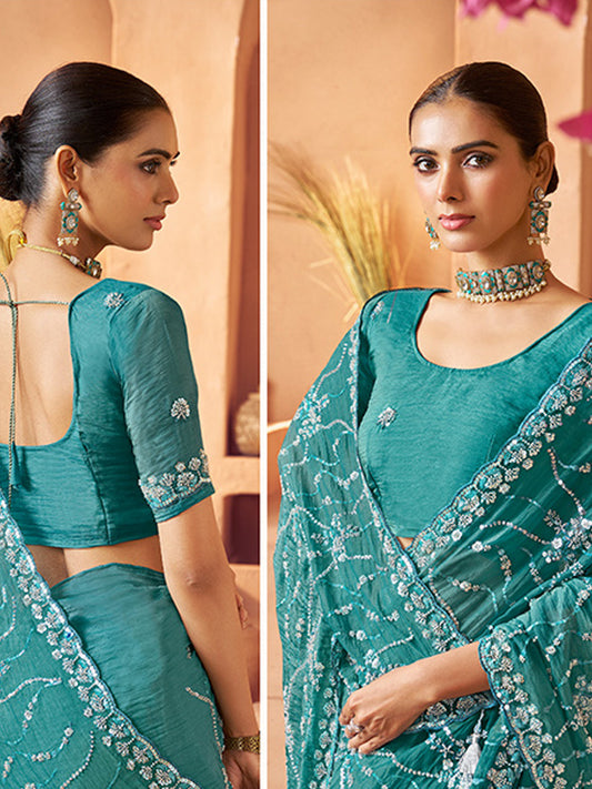 Tissue with Beads Work wedding Saree in Blue color-41027