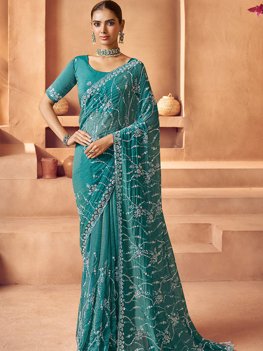 Tissue with Beads Work wedding Saree in Blue color-41027