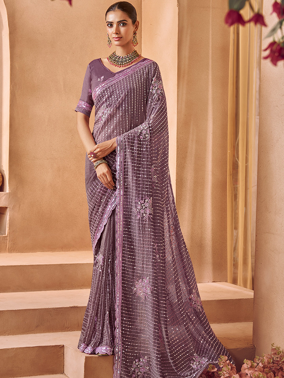 Tissue with Beads Work wedding Saree in Purple color-41032