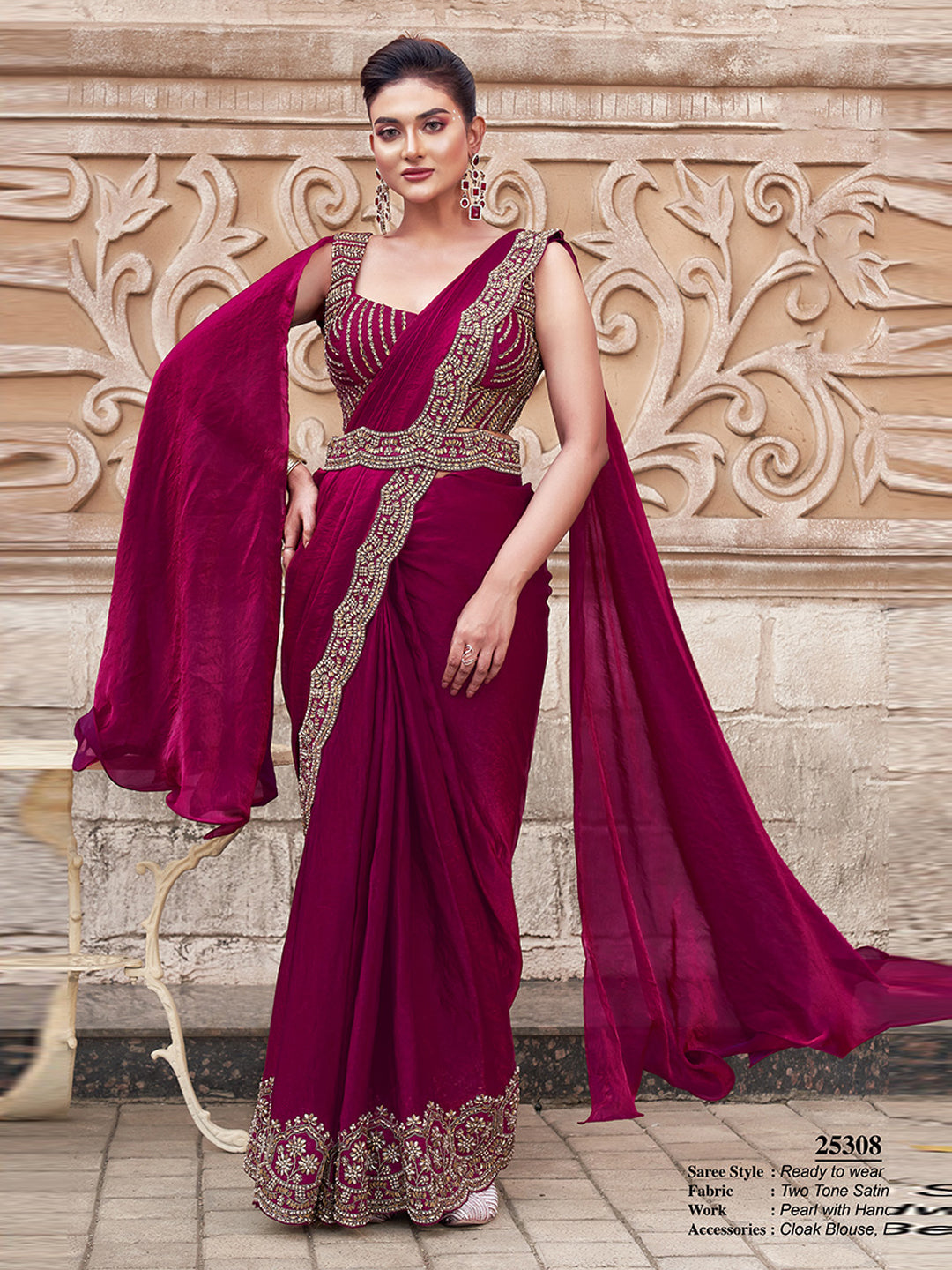 Dual Sequins with Hand Work Designer Satin Silk Ready To Wear Traditional Saree-91270