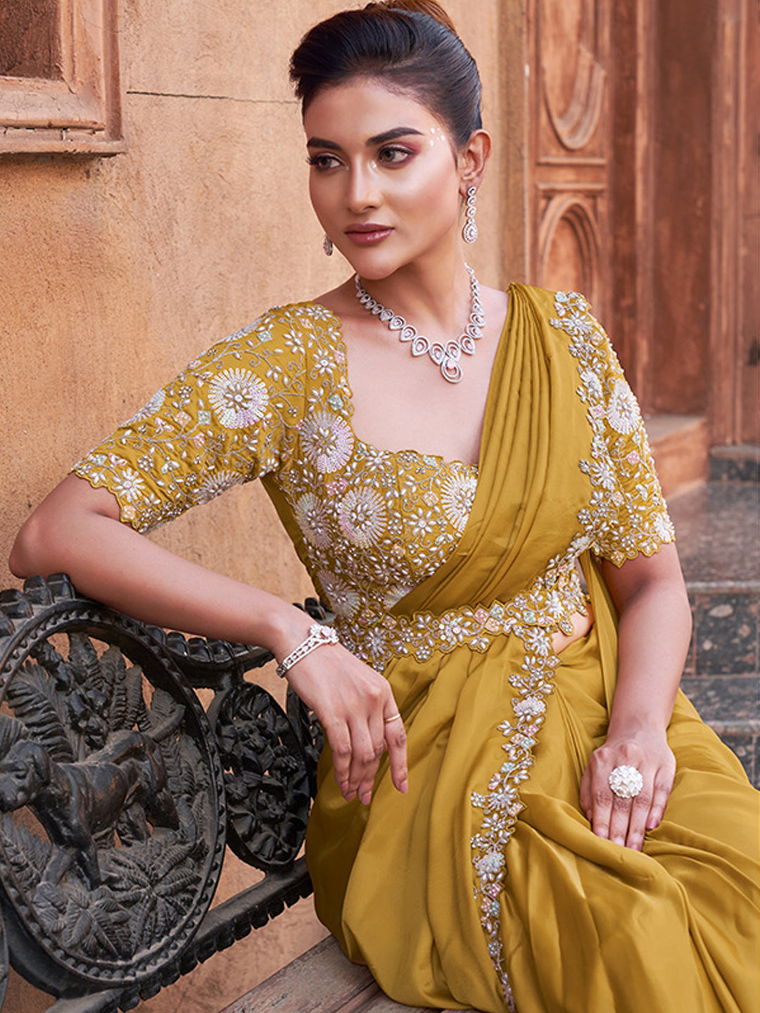 Dual Sequins with Hand Work Designer Satin Silk Ready To Wear Traditional Saree-91272