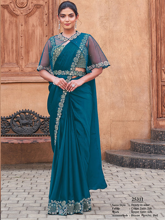 Dual Sequins with Hand Work Designer Satin Silk Ready To Wear Traditional Saree-91273