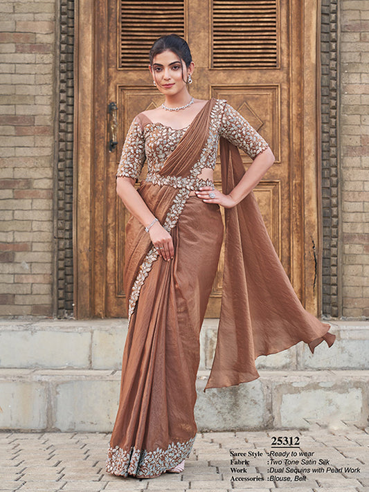 Dual Sequins with Hand Work Designer Satin Silk Ready To Wear Traditional Saree-91274