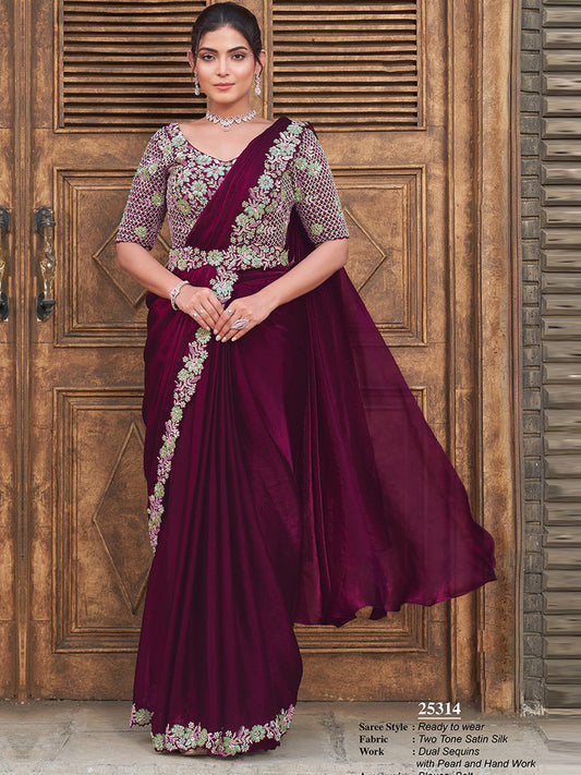 Dual Sequins with Hand Work Designer Satin Silk Ready To Wear Traditional Saree-91276