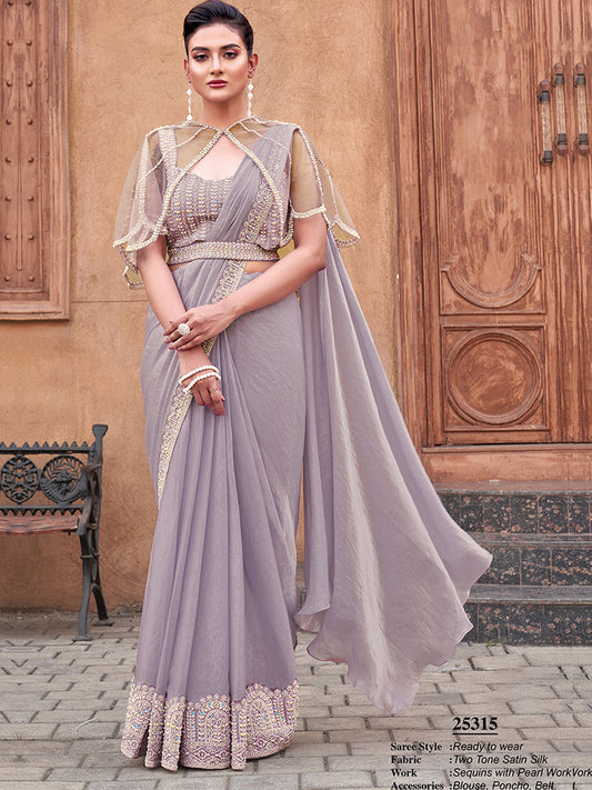 Dual Sequins with Hand Work Designer Satin Silk Ready To Wear Traditional Saree-91277