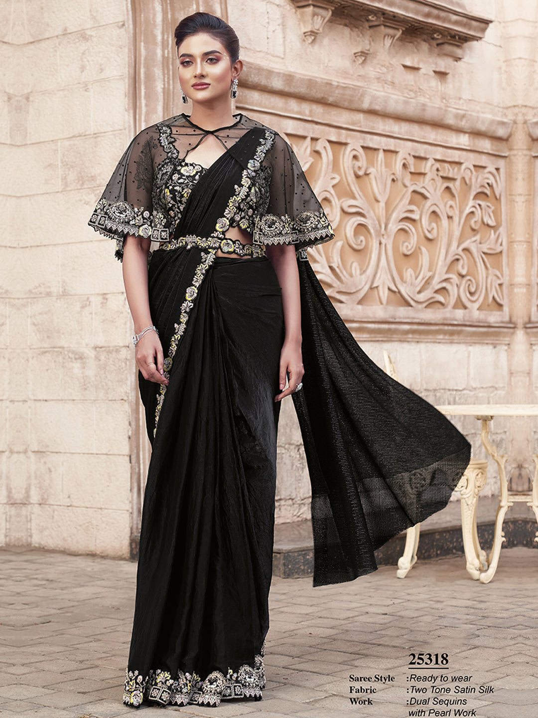 Dual Sequins with Hand Work Designer Satin Silk Ready To Wear Traditional Saree-91280