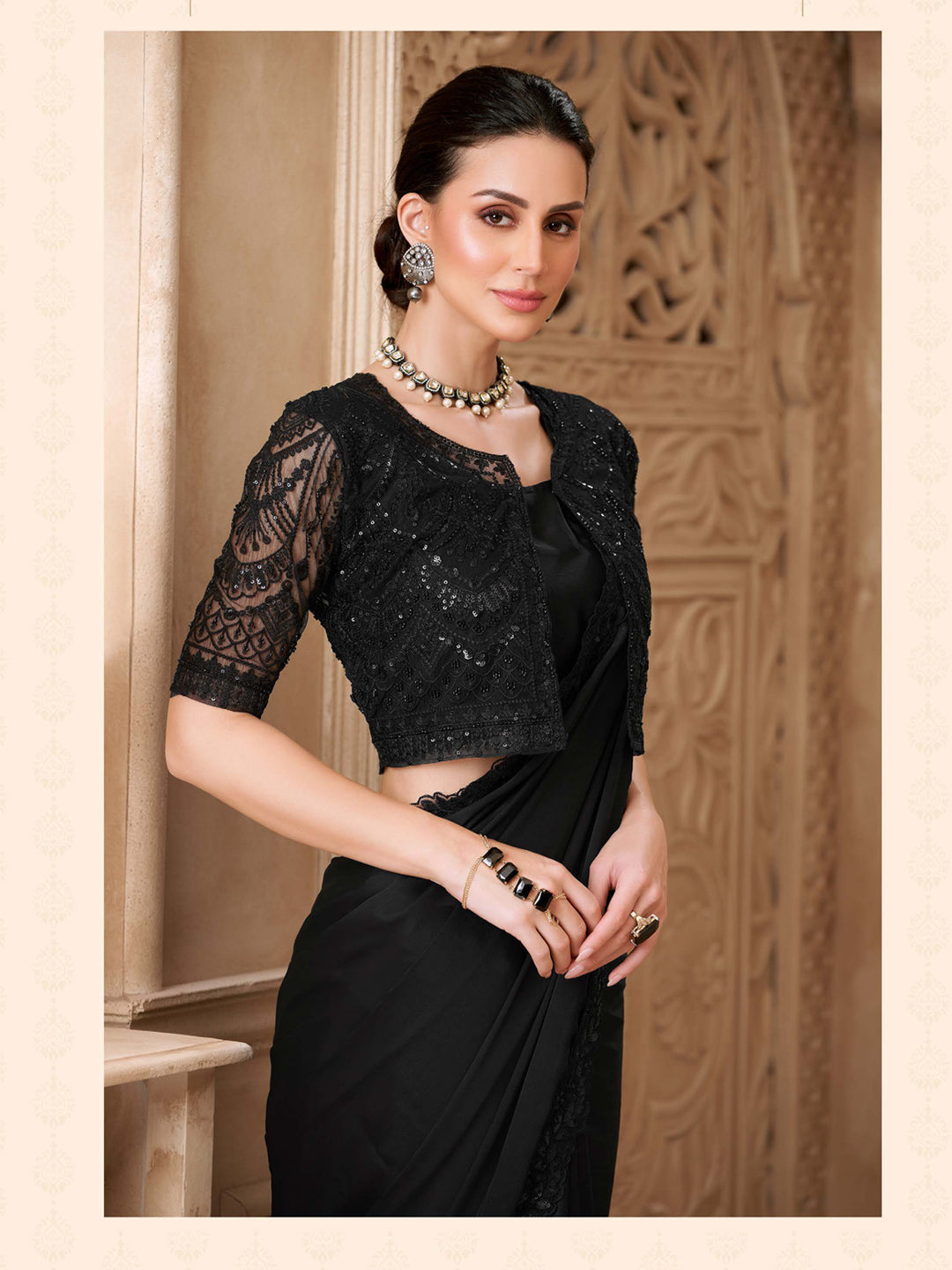 Black Sartin Georgette with  Embroidered Saree-32005