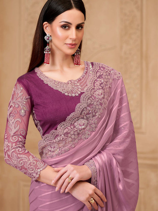 Onion Sartin Georgette with Embroidered Saree-32009