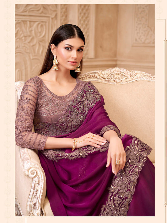 Rich Wine Sartin Georgette with Embroidered Saree-32010
