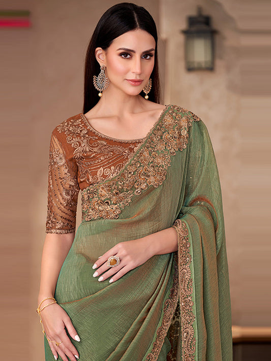 Golden Shine Georgette With Linen Wokr wedding Saree in Green color-41034