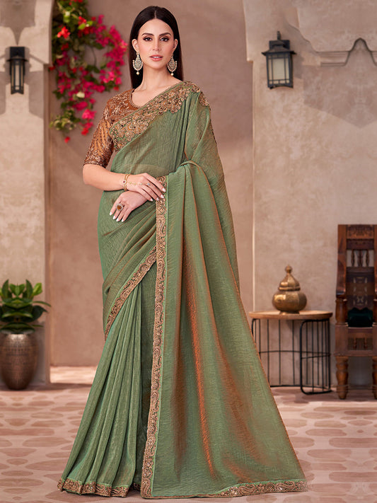 Golden Shine Georgette With Linen Wokr wedding Saree in Green color-41034