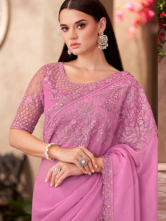 Sparkle shaded Chiffon With Linen Work Wedding Saree in Pink color-41035