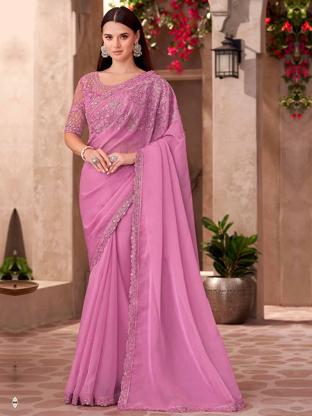 Sparkle shaded Chiffon With Linen Work Wedding Saree in Pink color-41035