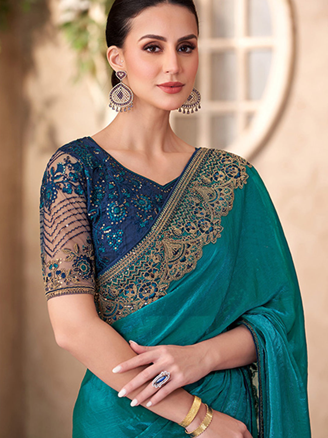 Peacock Blue Sartin Georgette With Linen Wokr wedding Saree-41036