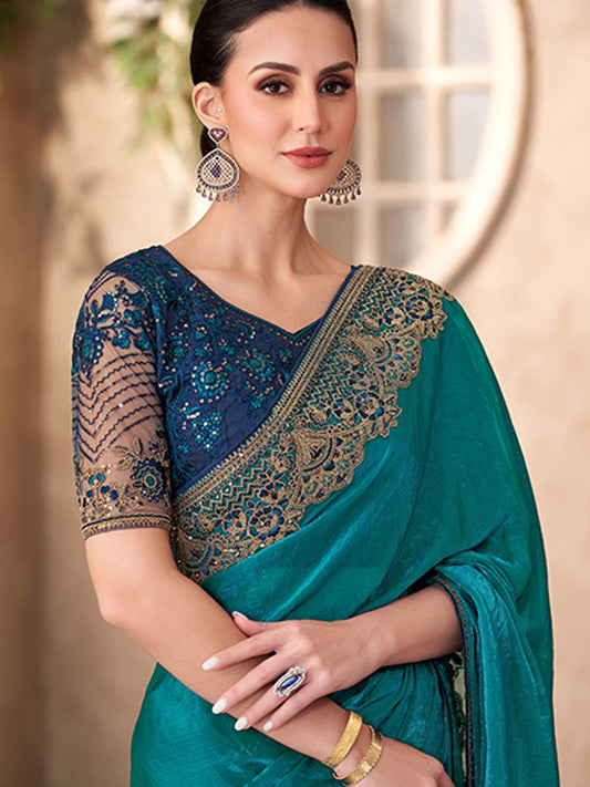 Peacock Blue Sartin Georgette With Linen Wokr wedding Saree-41036