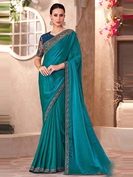 Peacock Blue Sartin Georgette With Linen Wokr wedding Saree-41036