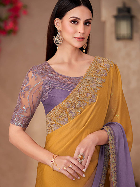 Sparkle shaded Chiffon With Linen Work Wedding Saree in Purple and Yellow color-41038