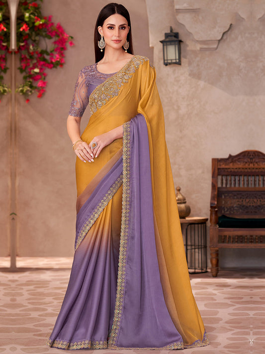 Sparkle shaded Chiffon With Linen Work Wedding Saree in Purple and Yellow color-41038