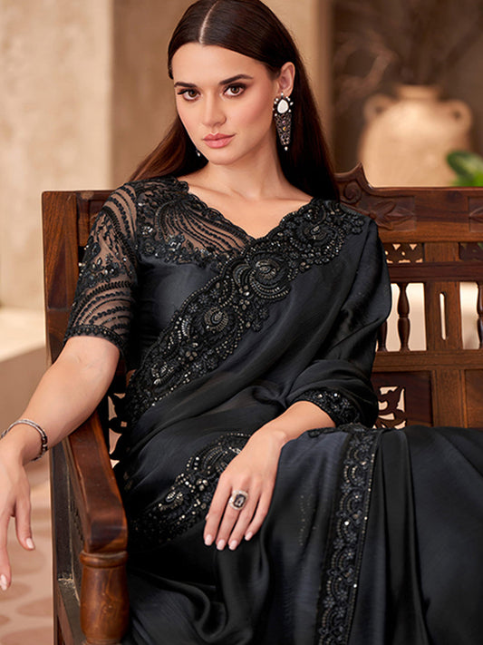 Sparkle shaded Chiffon With Sartin Work Wedding Saree in Black color-41039