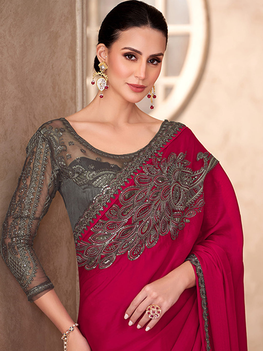 Sparkle shaded Chiffon With Linen Work Wedding Saree in Red color-41040