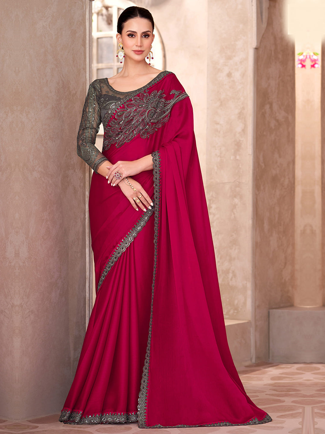 Sparkle shaded Chiffon With Linen Work Wedding Saree in Red color-41040