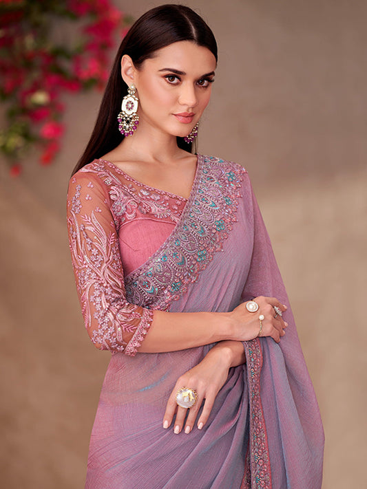 Rich Pink Shinning Georgette With Linen Wokr wedding Saree-41041