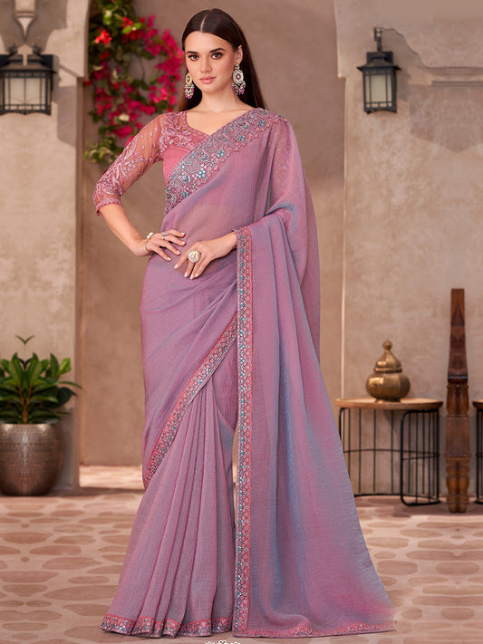 Rich Pink Shinning Georgette With Linen Wokr wedding Saree-41041