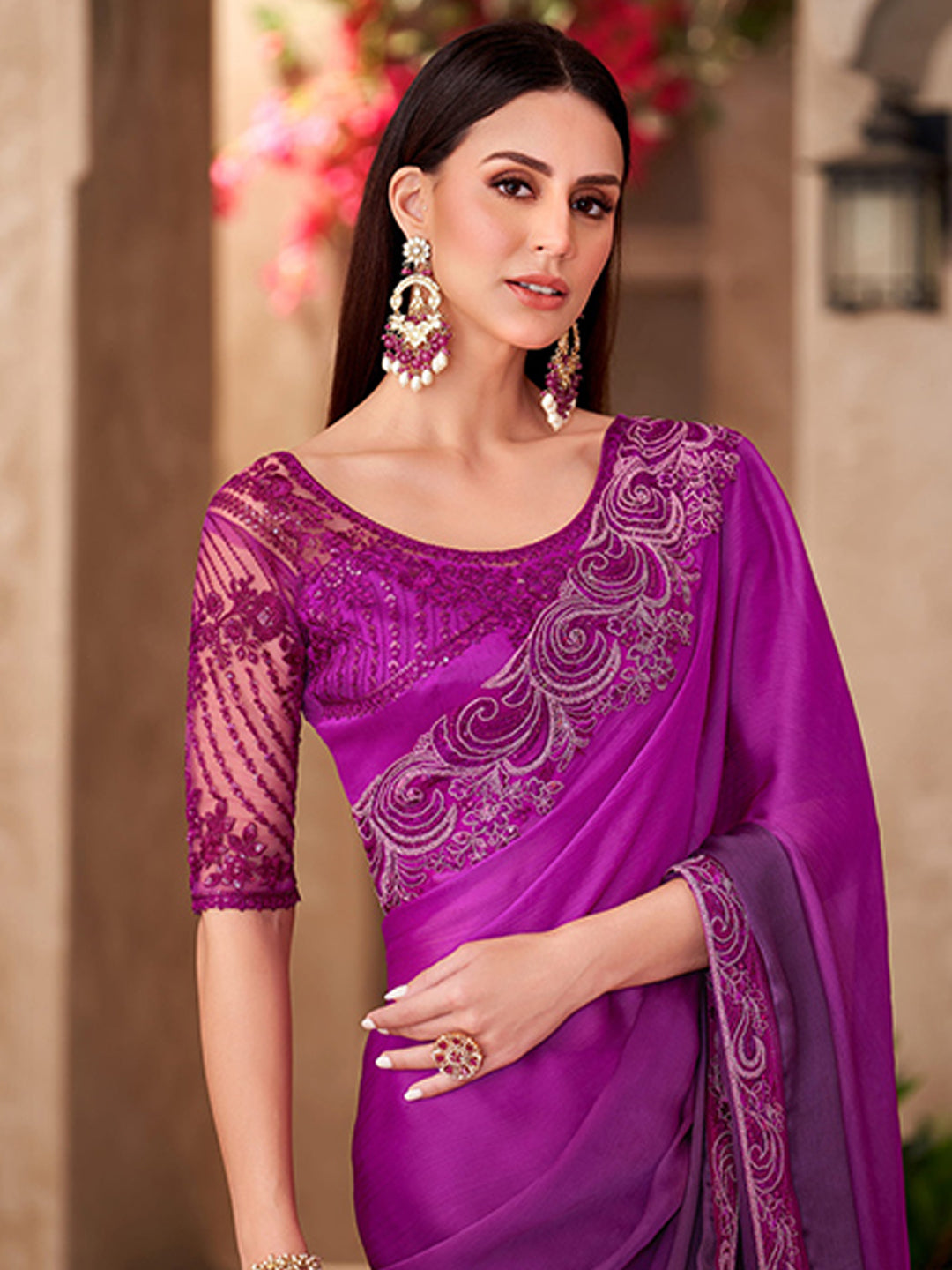 Sparkle shaded Chiffon With Sartin Work Wedding Saree in Purple color-41042