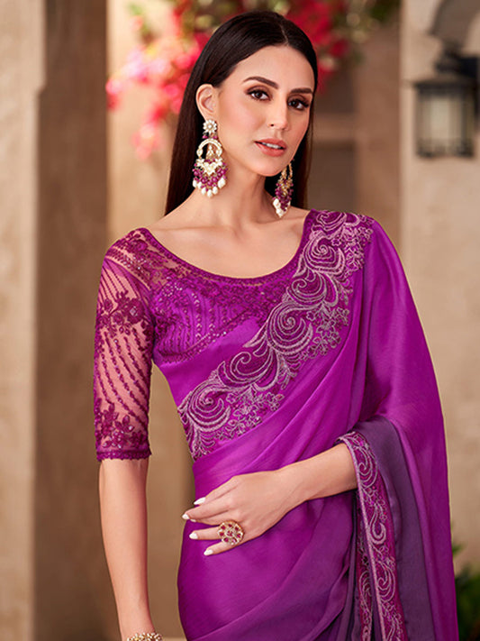 Sparkle shaded Chiffon With Sartin Work Wedding Saree in Purple color-41042