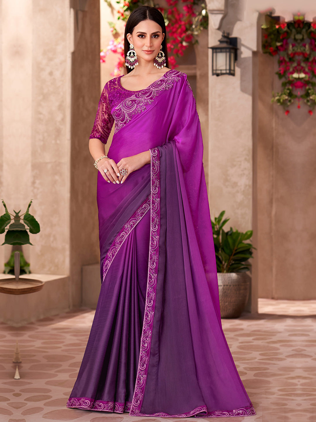 Sparkle shaded Chiffon With Sartin Work Wedding Saree in Purple color-41042