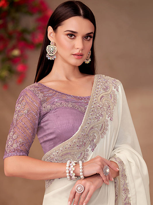 Pearl White Shining Georgette With Linen Wokr wedding Saree-41043