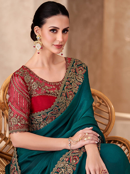 Sparkle shaded Chiffon With Sartin Work Wedding Saree in Blue color-41044