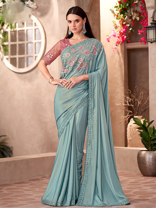 Shimmer Silk Crape With Linen Wokr wedding Saree in Blue color-41045