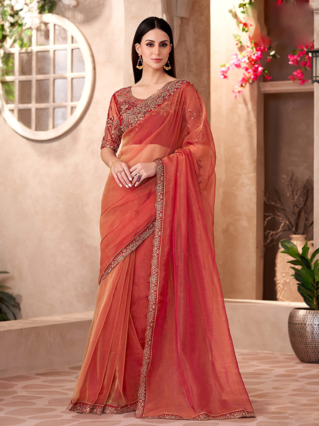 Golden Sparkle Tissue With Linen Wokr wedding Saree in Red color-41046