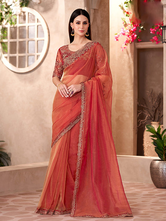 Golden Sparkle Tissue With Linen Wokr wedding Saree in Red color-41046
