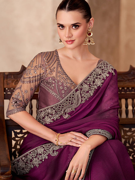 Sparkle shaded Chiffon With Sartin Work Wedding Saree in Purple color-41047