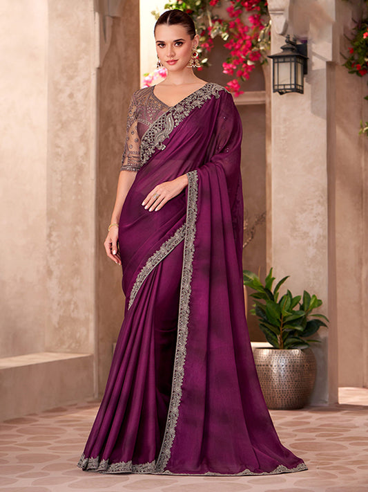 Sparkle shaded Chiffon With Sartin Work Wedding Saree in Purple color-41047