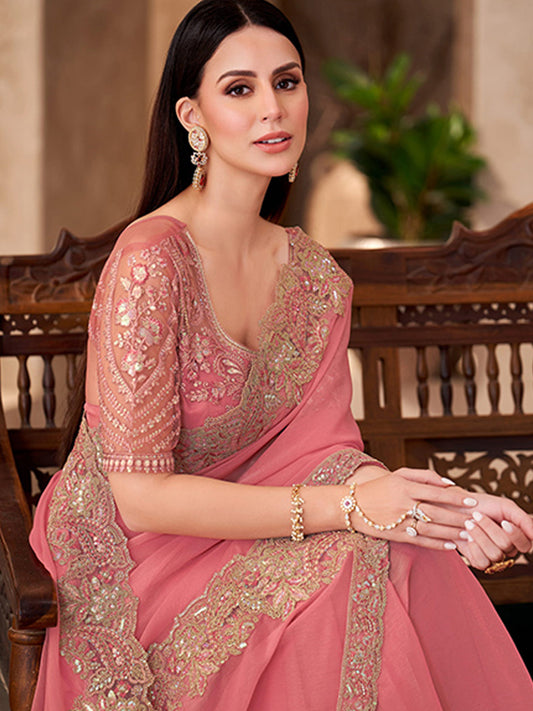 Golden Sparkle Georgette With Linen Wokr wedding Saree in Pink color-41048