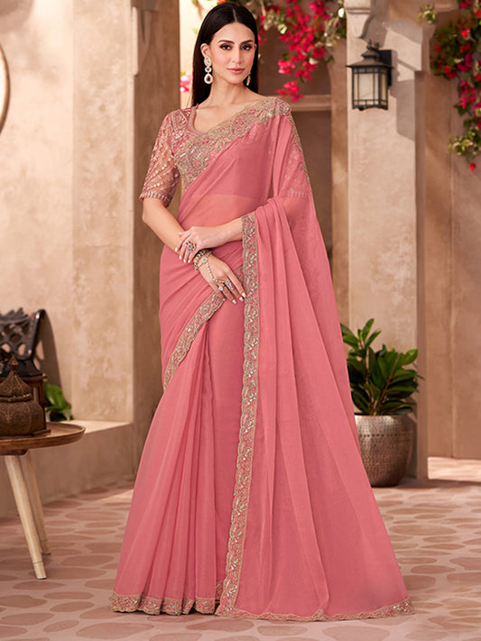 Golden Sparkle Georgette With Linen Wokr wedding Saree in Pink color-41048